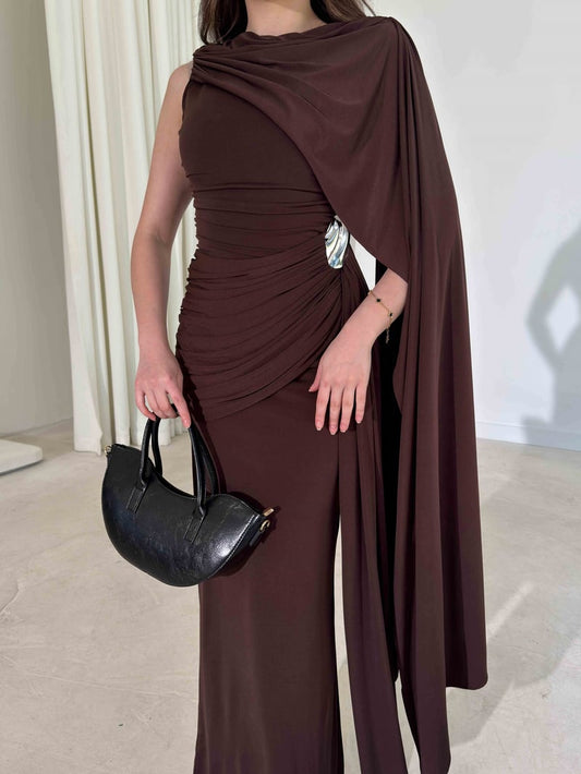 Sienna Brown Maxi Dress with Elegant Drape