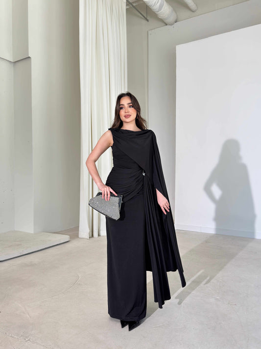 Sienna Black Maxi Dress with Elegant Drape