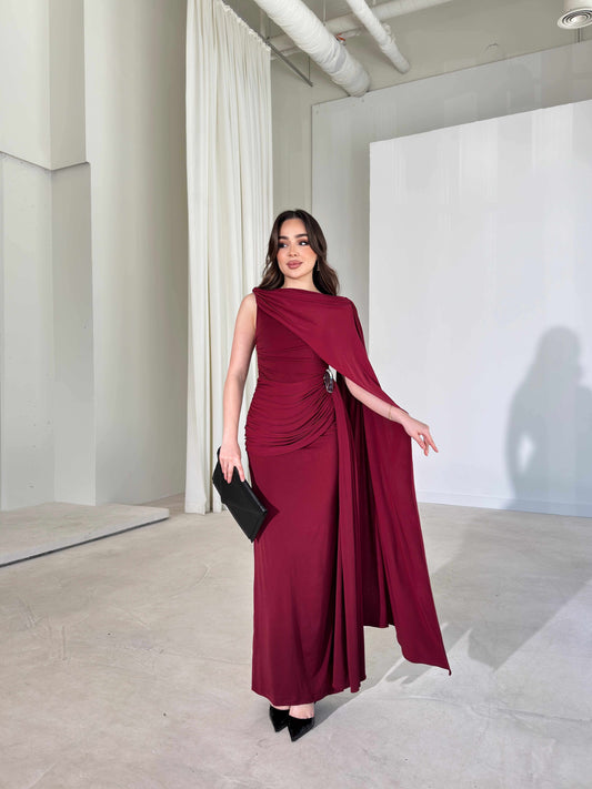Sienna Burgundy Maxi Dress with Elegant Drape