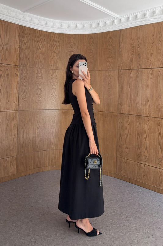 Sleeveless Black with Button Detail Dress