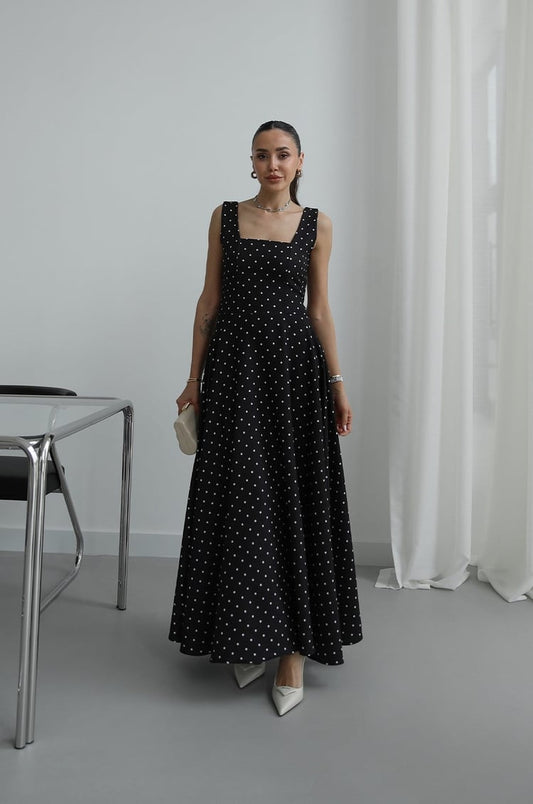 Black Polka Dot with Back Tie Detail Dress