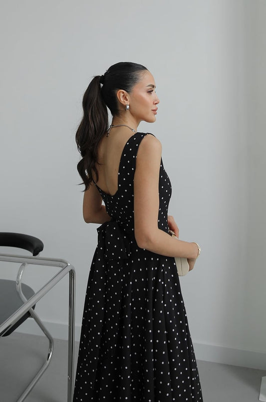 Black Polka Dot with Back Tie Detail Dress