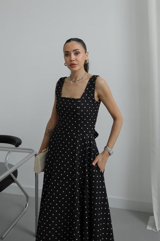 Black Polka Dot with Back Tie Detail Dress