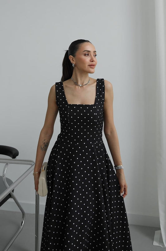 Black Polka Dot with Back Tie Detail Dress