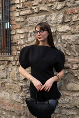 Balloon Sleeve Black Blouse