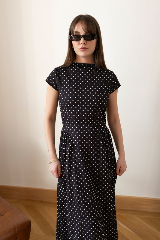 Patter Black Polka Dot Midi Length Elegant Dress