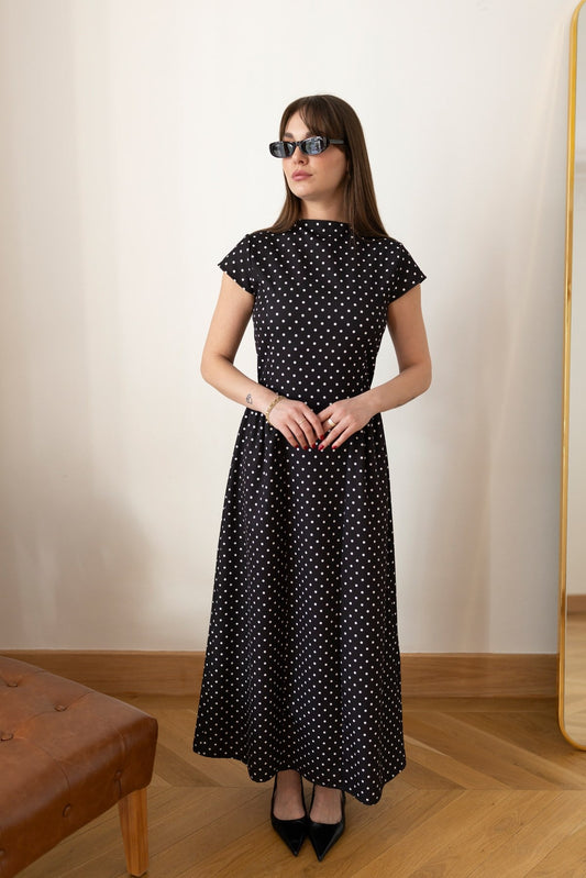 Patter Black Polka Dot Midi Length Elegant Dress