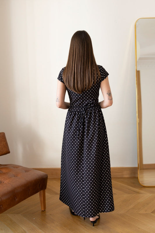 Patter Black Polka Dot Midi Length Elegant Dress
