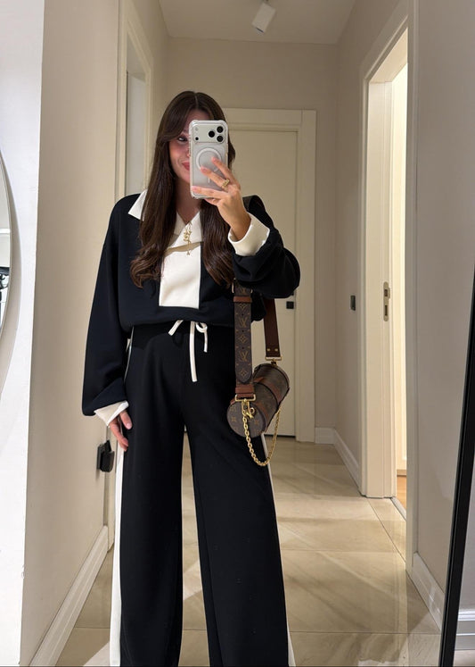 Black Ecru Single Snap Detailed Modal set