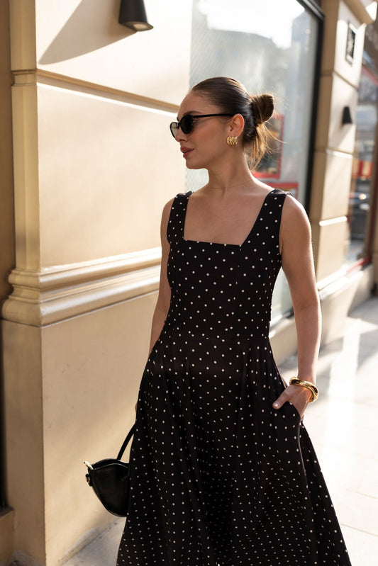 Black Polka Dot with Back Tie Detail Dress