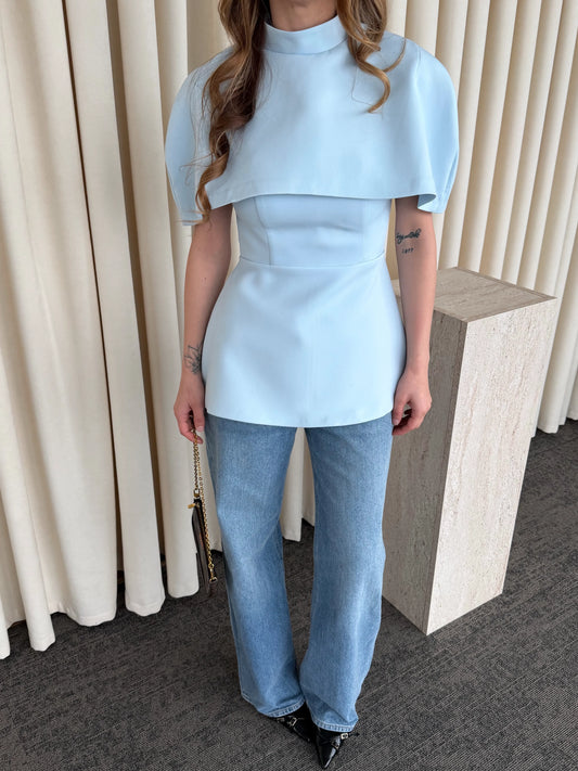 Baby Blue Blouse With Cape Detail On The Collar