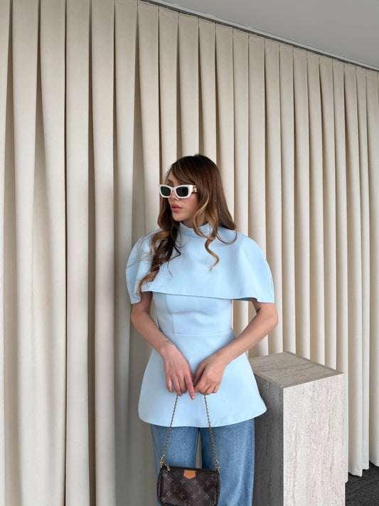Baby Blue Blouse With Cape Detail On The Collar