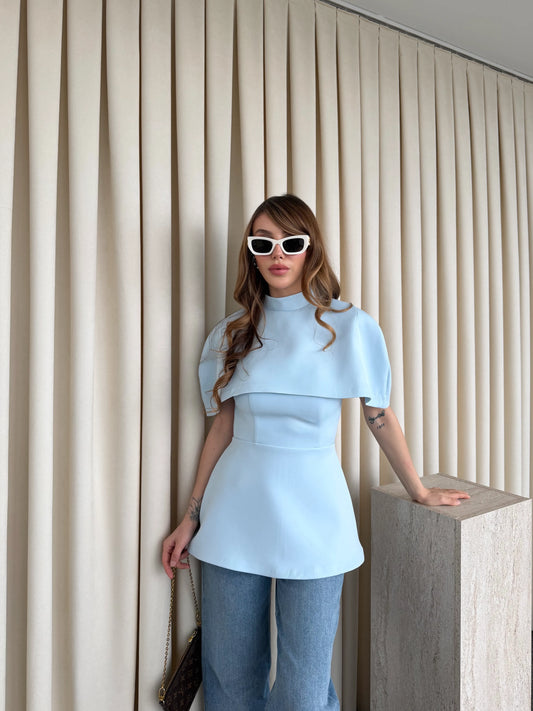 Baby Blue Blouse With Cape Detail On The Collar