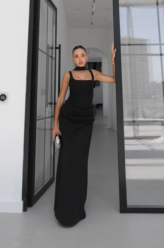 Black Piran Long with Back Buckle and Scarf Dress