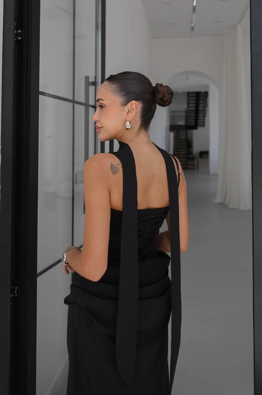 Black Piran Long with Back Buckle and Scarf Dress
