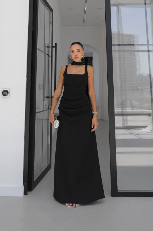 Black Piran Long with Back Buckle and Scarf Dress