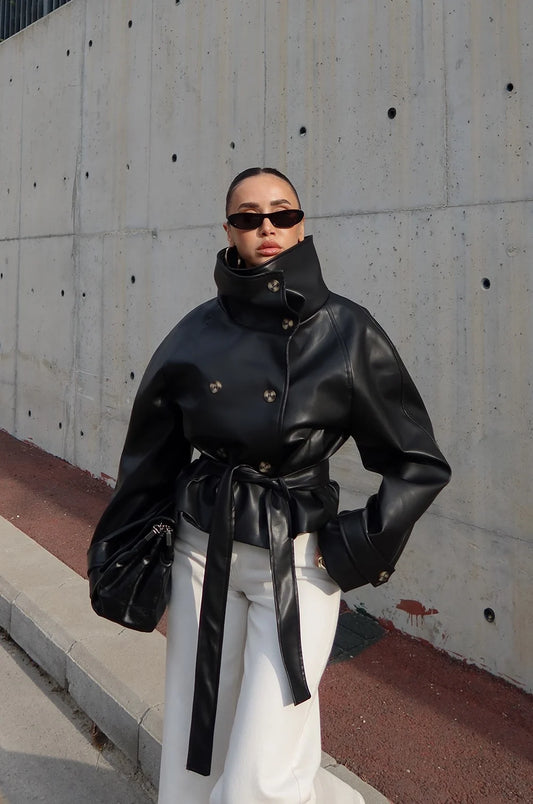 Ruta High-Neck Belted Leather Jacket