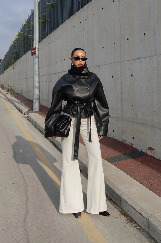 Ruta High-Neck Belted Leather Jacket
