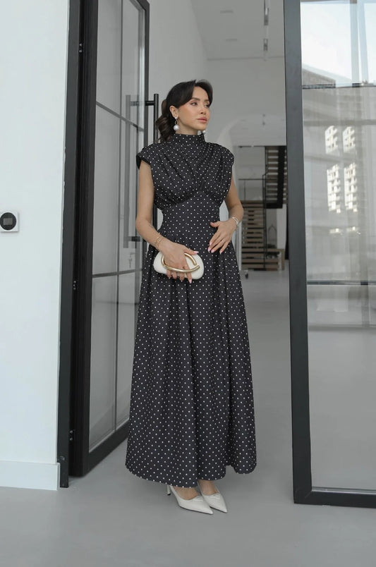 Black Padded Waist-Fitted Polka Dot Dress