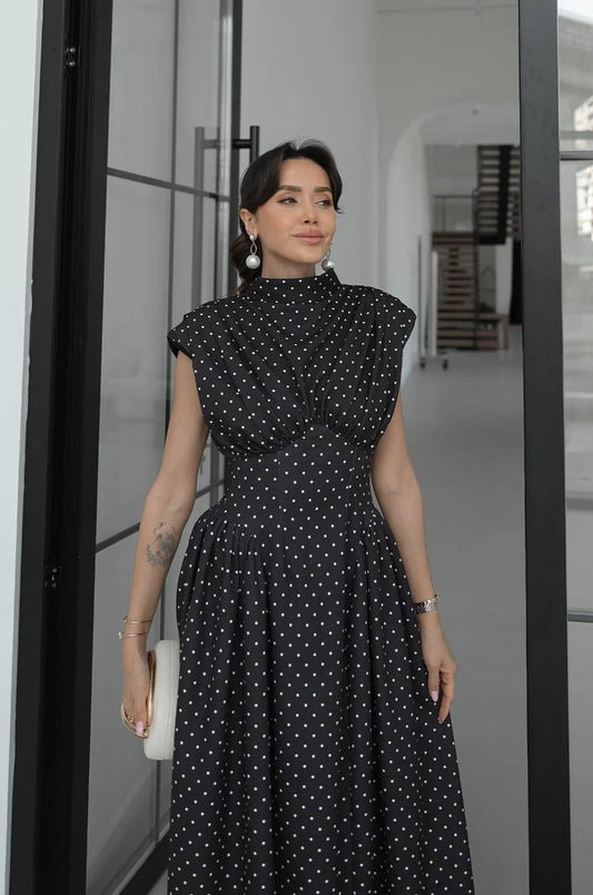 Black Padded Waist-Fitted Polka Dot Dress