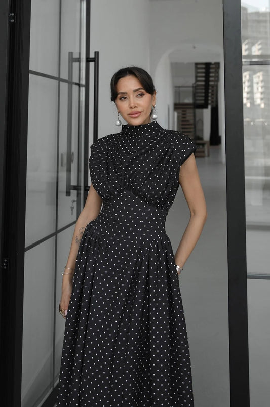 Black Padded Waist-Fitted Polka Dot Dress