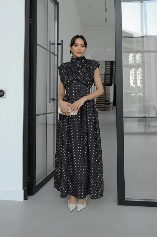 Black Padded Waist-Fitted Polka Dot Dress