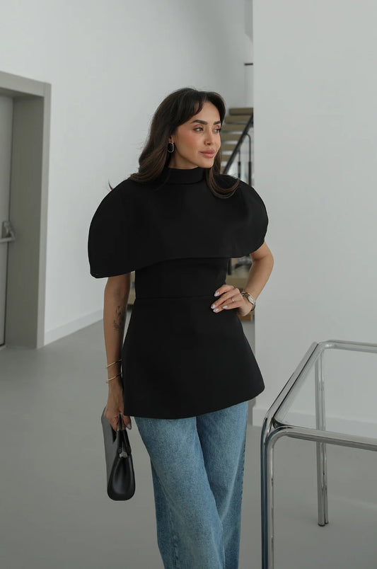 Black Blouse With Cape Detail On The Collar