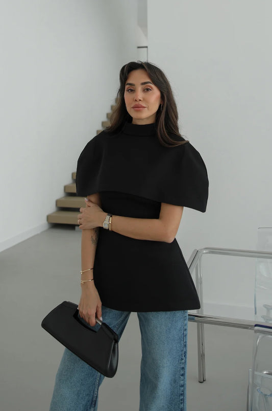 Black Blouse With Cape Detail On The Collar