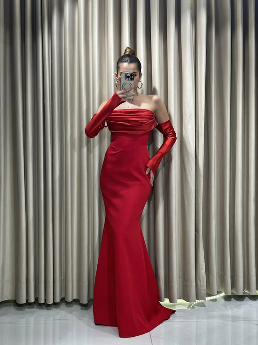 Alya Satin Red Sleeve Evening Dress