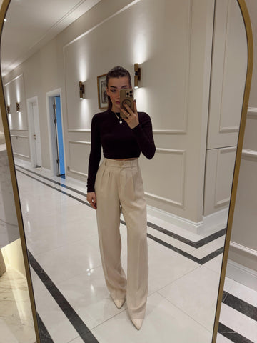 Beige Gold Buttoned Pleated Palazzo Trousers