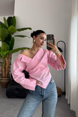 OPEN SHOULDER DRAPED DESIGN BITTER PINK SHIRT