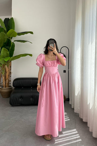 Waist Bird Eye Detail U Neck Corset Midi Dress