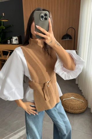 Camel Balloon Sleeve Shirt Sweater