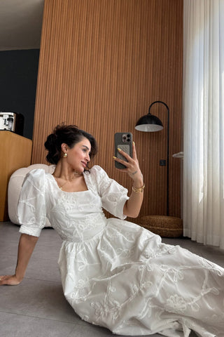 White Balloon Sleeve Embroidered Dress
