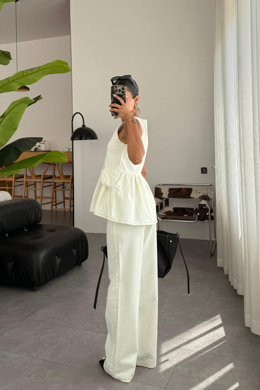 DOAENEL LIGHT BEIGE DENIM ZERO SLEEVE BLOUSE SET ARVERNA