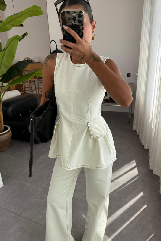 DOAENEL LIGHT BEIGE DENIM ZERO SLEEVE BLOUSE SET ARVERNA