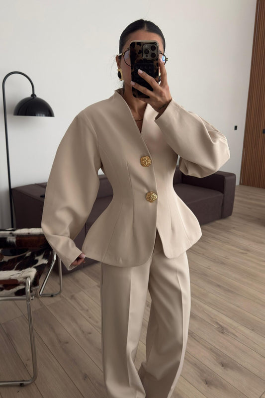 Beage Balloon Sleeve Gold Buttoned Suit