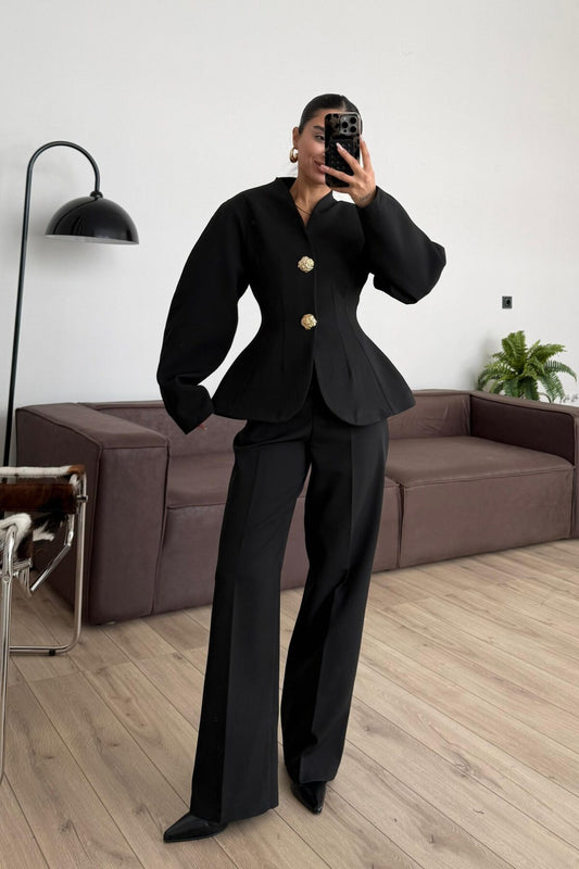 Black Balloon Sleeve Gold Buttoned Suit