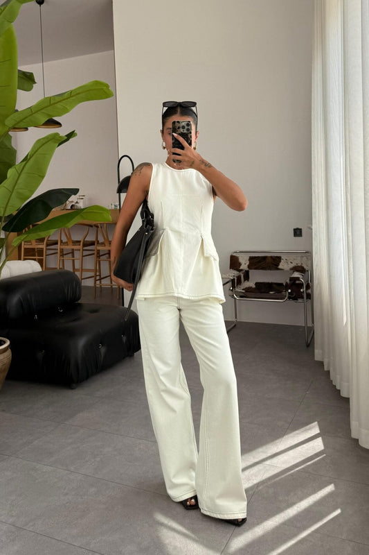 DOAENEL LIGHT BEIGE DENIM ZERO SLEEVE BLOUSE SET