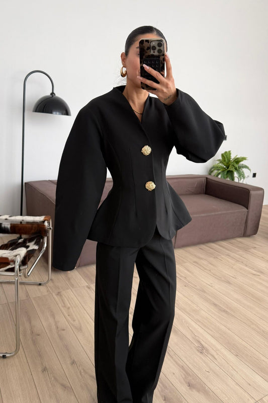 Black Balloon Sleeve Gold Buttoned Suit