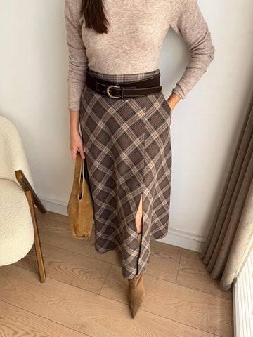 Slit Brown Plaid  Belt Skirt