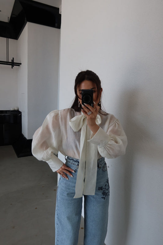 Neckline Tie-Up Balloon Sleeve Blouse