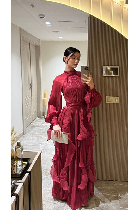High Neck Ruffle Satin Chiffon Maxi Length Bordo Dress