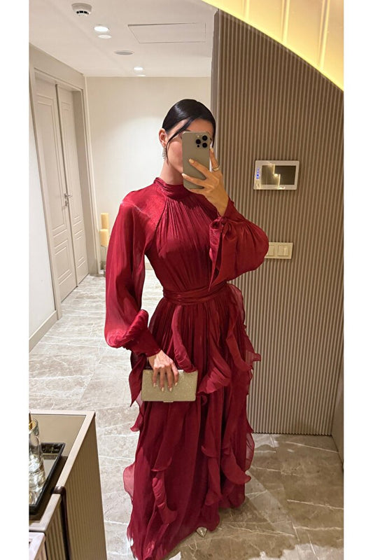 High Neck Ruffle Satin Chiffon Maxi Length Bordo Dress